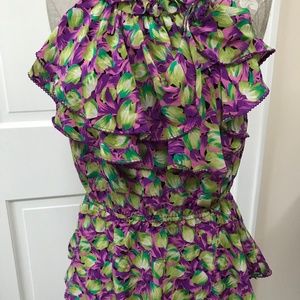 Odille Sleeveless 100% Silk Blouse Green Purple